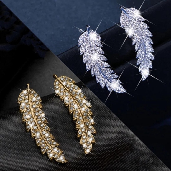 Jewelry - Silver or gold feather climber earrings diamond